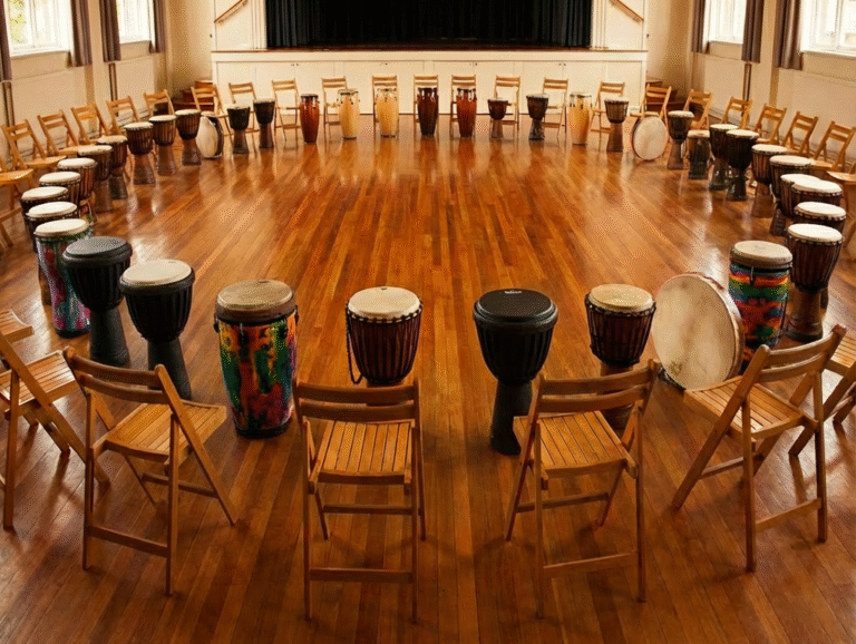 team drumming activity in conference room